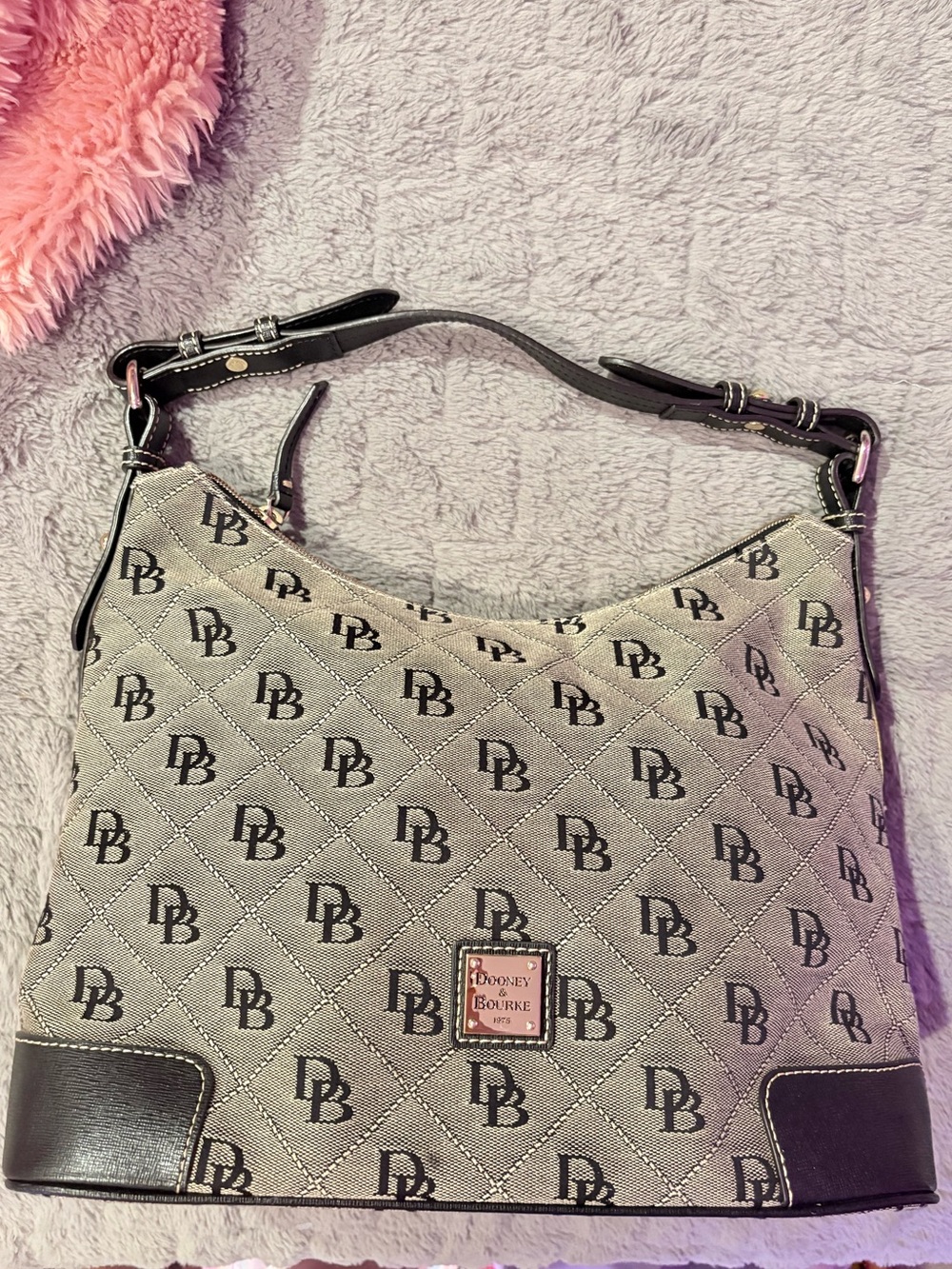 Dooney & Bourke Gray Quilted Logo Shoulder Bag with Dark Trim